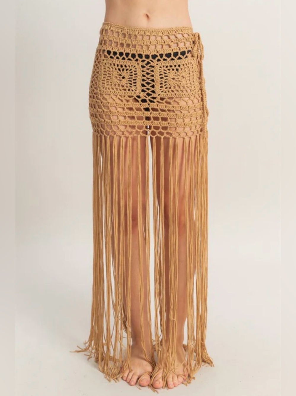 A658. Fringe Crochet Beach Skirt in Camel - Picture 4 of 5